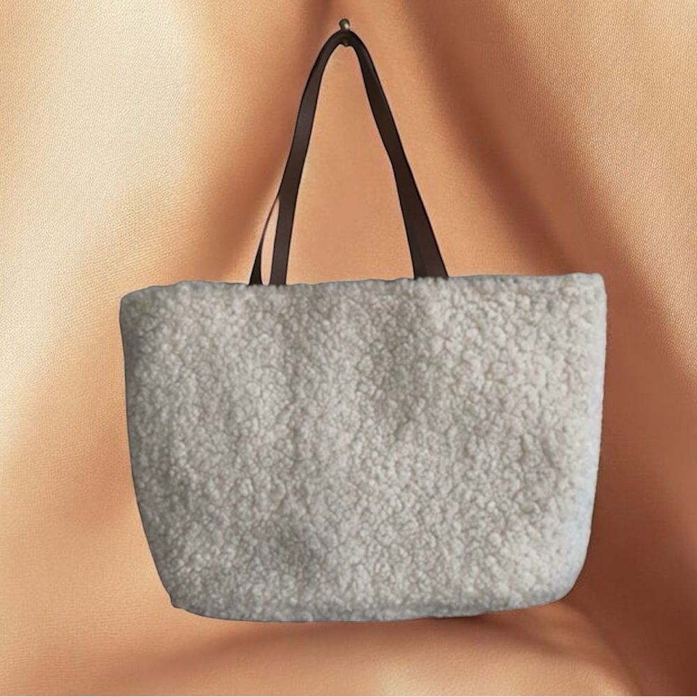 Cream and Brown Plush Tote Bag with Leather Handles